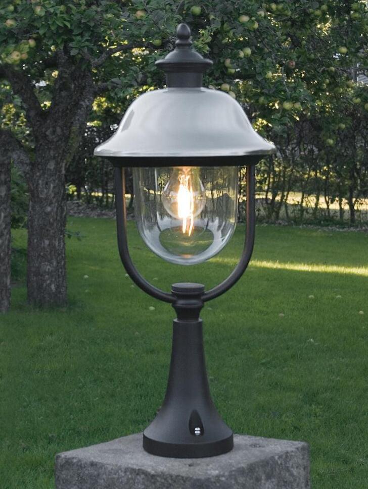 Konstsmide Parma Matt Black Exterior Pedestal Lamp Complete With Stainless Steel Hat And Clear Acrylic Lens