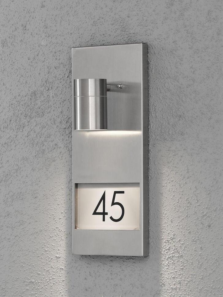 Kosnstmide Modena Downward Facing Stainless Steel Exterior Wall Light Complete With Numbers