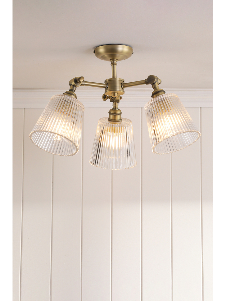 Laura Ashley Callaghan 3 Light Semi-Flush Matt Antique Brass and Ribbed Glass