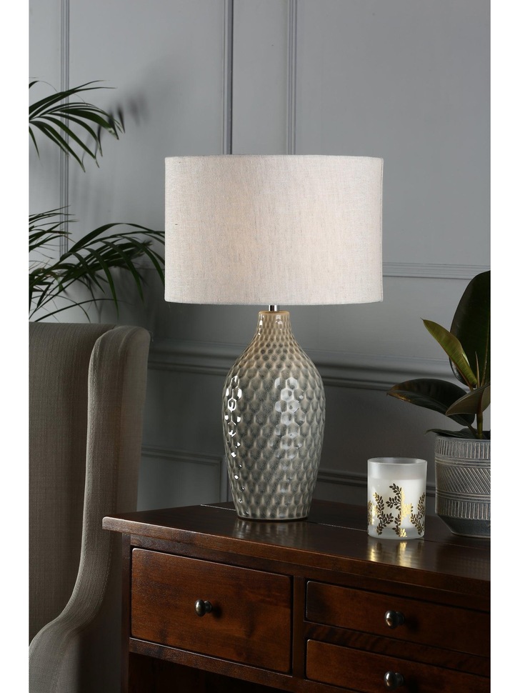 Laura Ashley Heathfield Gloss Grey Ceramic Table Lamp Complete With Natural Shade