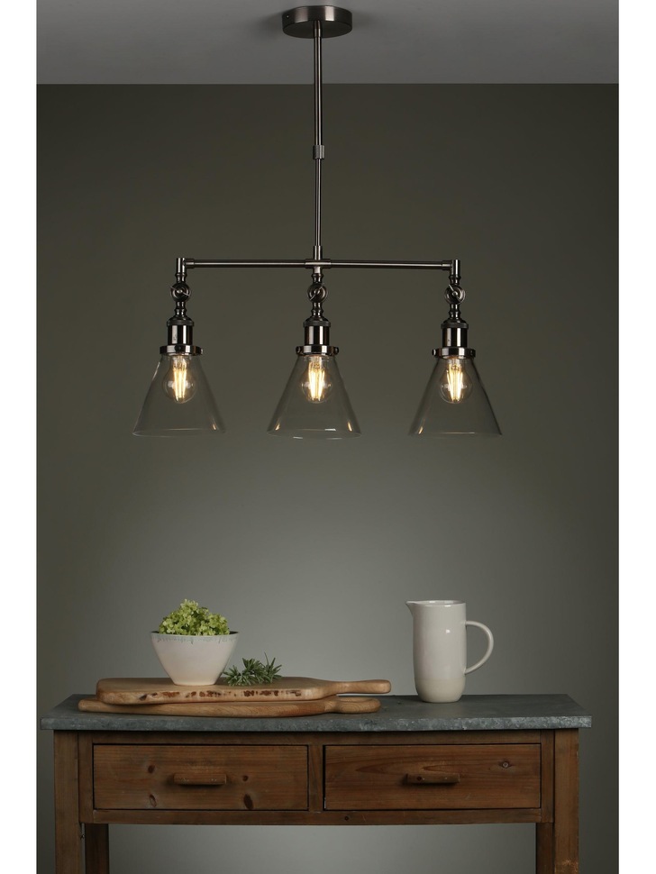 Laura Ashley LA3650343-Q Isaac Industrial Nickel 3 Light Bar Pendant With Clear Glass Shades