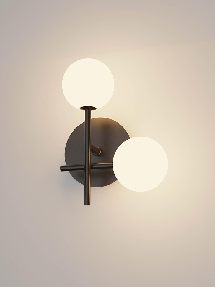 Mantra Cellar 2 Light Wall Lamp Black With Opal Glass Globes