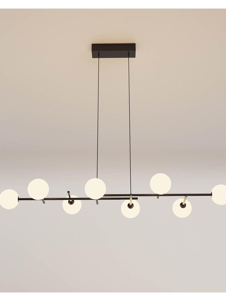 Mantra Cellar 8 Light Linear Bar Pendant Black With Opal Glass Globes