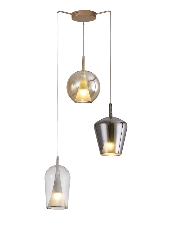 Mantra Elsa 3 Light Pendant Light With Gold Frame Complete With Clear, Chrome And Bronze Glas Shades