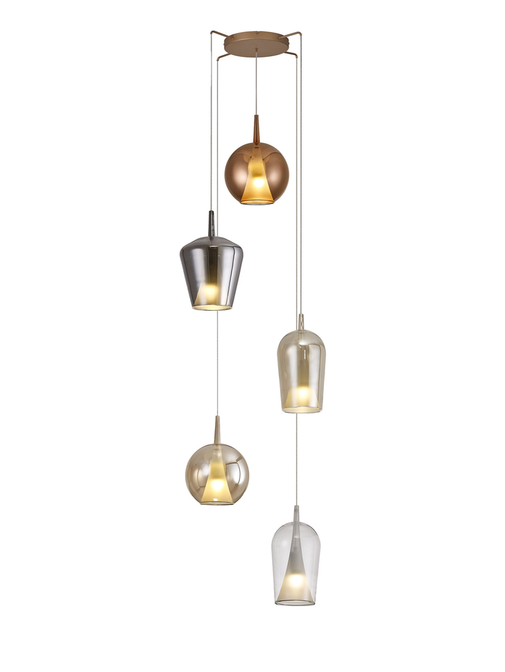 Mantra Elsa 5 Light Pendant Light With Gold Frame Complete With Clear, Chrome And Bronze Glas Shades