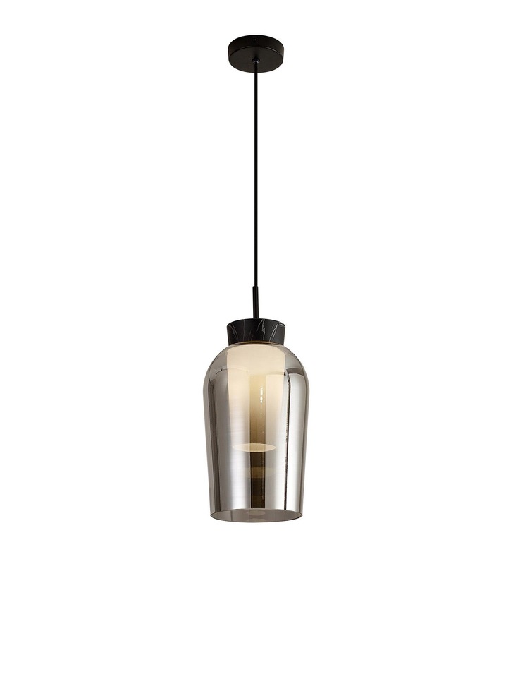 Mantra Nora Black 1 Light Pendant Complete With Smoked Glass, Frosted Inner And Marble Detailing