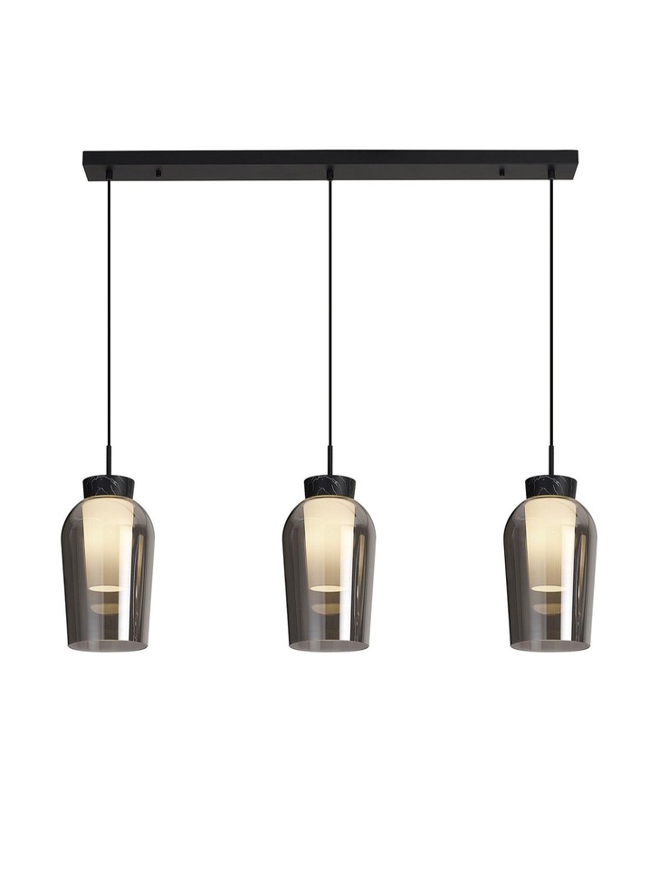 Mantra Nora Black 3 Light Linear Bar Pendant Light Complete With Smoked Glasses, Frosted Inners And Marble Detailing