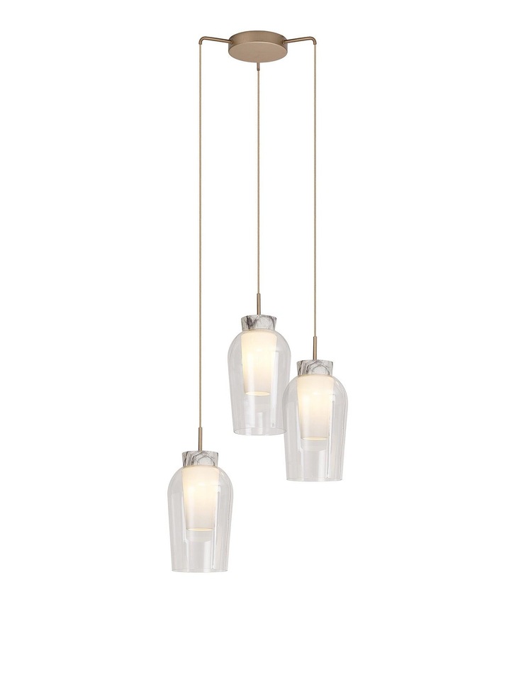 Mantra Nora Gold 3 Light Adjustable Pendant Light, With Clear Glasses, Frosted Inners And Marble Detailing