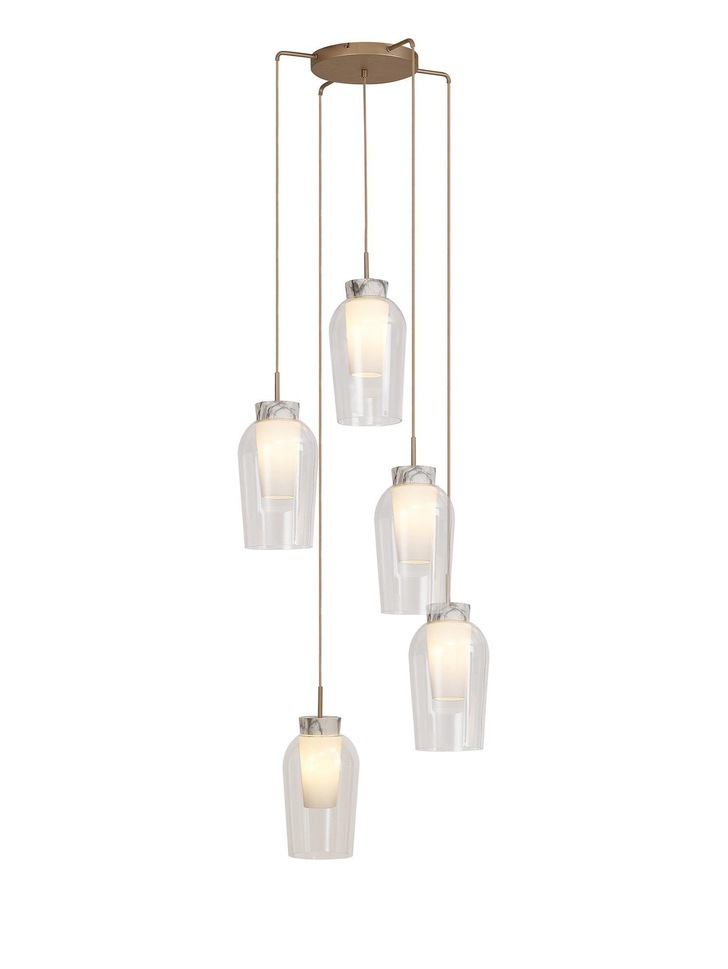 Mantra Nora Gold 5 Light Cluster Pendant With Clear Glasses, Frosted Inners And Marble Detailing