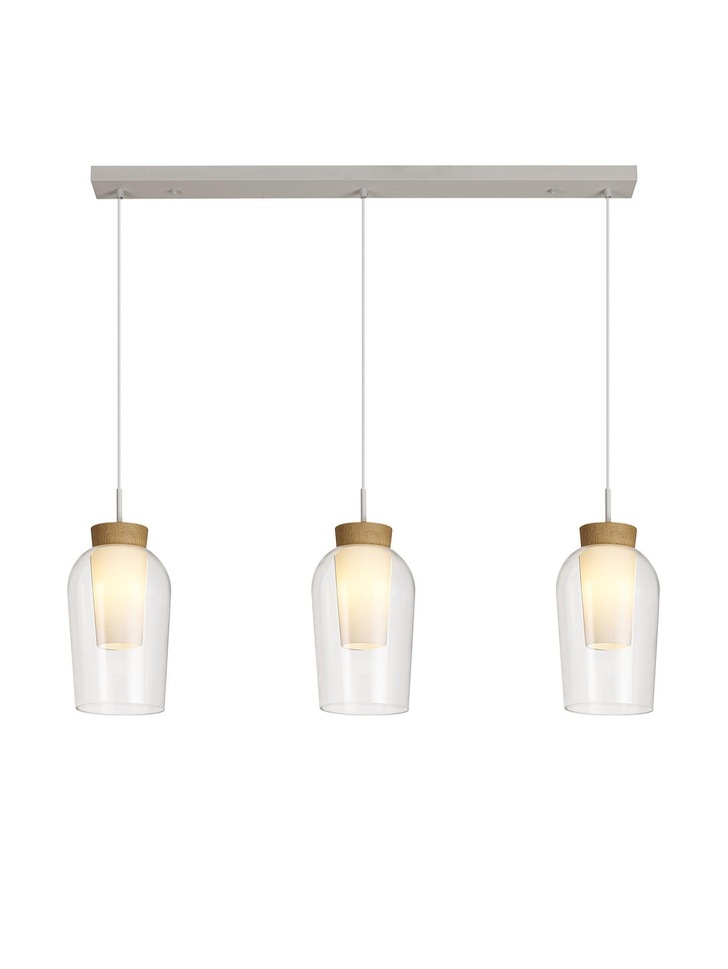 Mantra Nora White/Wood 3 Light Linear Bar Pendant Light Complete With Clear Glasses And Frosted Inners