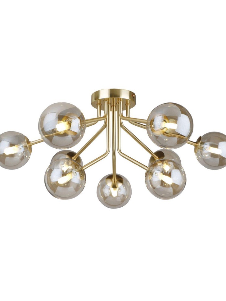 Piper Gold 9 Light Flush Ceiling Light With Cognac Glass Spheres