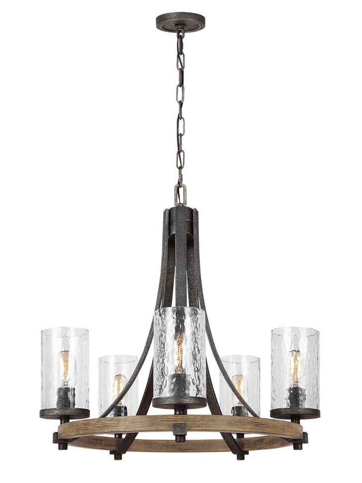 Quintiesse Angelo 5 Light Chandelier In Distressed Weathered Oak And Slate Metal Grey Complete With Cylindrical Clear Wavy Glasses - QN-ANGELO5