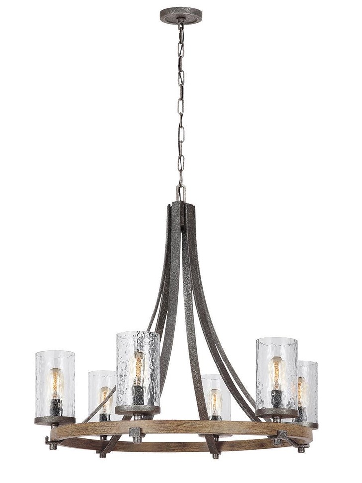 Quintiesse Angelo 6 Light Chandelier In Distressed Weathered Oak And Slate Metal Grey Complete With Cylindrical Clear Wavy Glasses - QN-ANGELO6