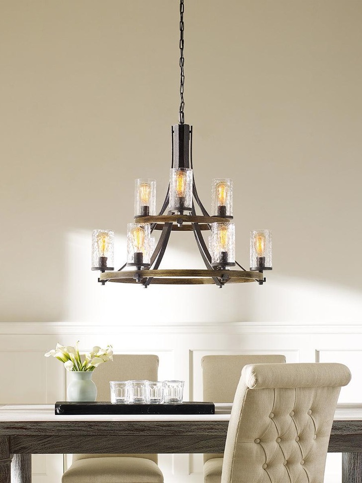 Quintiesse Angelo 9 Light Two-Tier Chandelier In Distressed Weathered Oak And Slate Metal Grey Complete With Cylindrical Clear Wavy Glasses - QN-ANGELO9