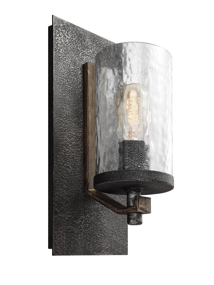 Quintiesse Angelo Single Wall Light Chandelier In Distressed Weathered Oak And Slate Metal Grey Complete With Cylindrical Clear Wavy Glass - QN-ANGELO1