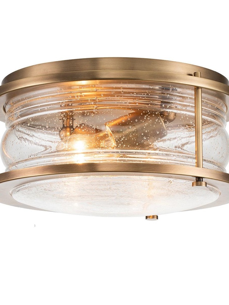 Quintiesse Ashland Bay 2 Light Flush Bathroom Ceiling Light In Natural Brass Finish Complete With Clear Seeded Glass - IP44 - QN-ASHLANDBAY-F-NBR-BATH