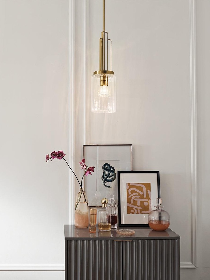 Quintiesse Kimrose 1 Light Mini-Pendant In Brushed Natural Brass Complete With Gently Ribbed Clear Glass Shades - QN-KIMROSE-MP-BNB