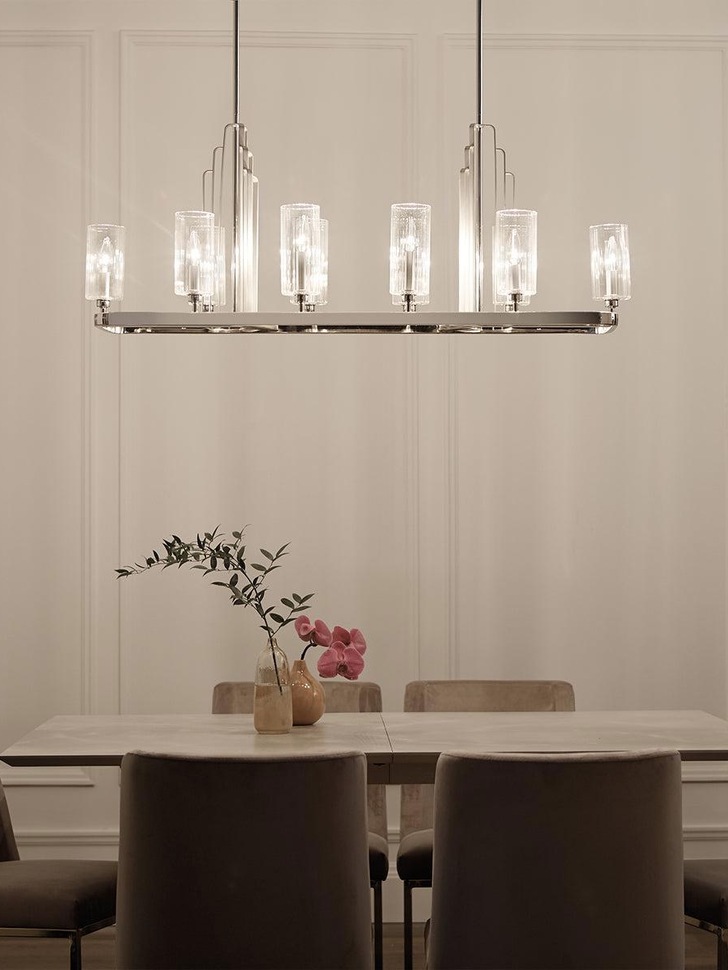 Quintiesse Kimrose 10 Light Linear Chandelier In Polished Nickel Complete With Gently Ribbed Clear Glass Shades - QN-KIMROSE10-PN