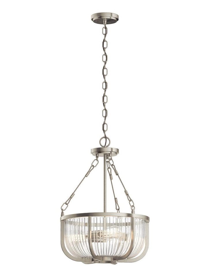 Quintiesse Roux 3 Light Pendant/Semi-Flush In Brushed Nickel Complete With Clear Ribbed Glass - QN-ROUX3-BN