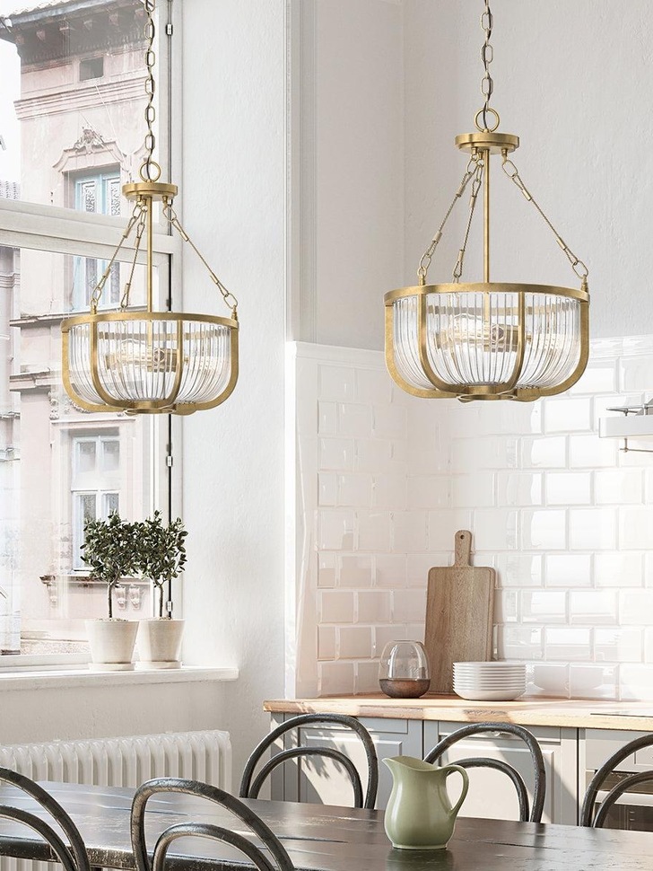 Quintiesse Roux 3 Light Pendant/Semi-Flush In Natural Brass Finish Complete With Clear Ribbed Glass - QN-ROUX3-NBR