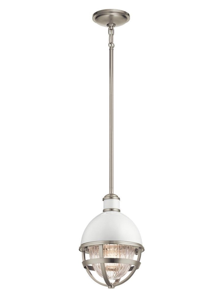 Quintiesse Tollis 1 Light Mini Pendant In Brushed Nickel And White Complete With Clear Ribbed Glass - QN-TOLLIS-MP-BN