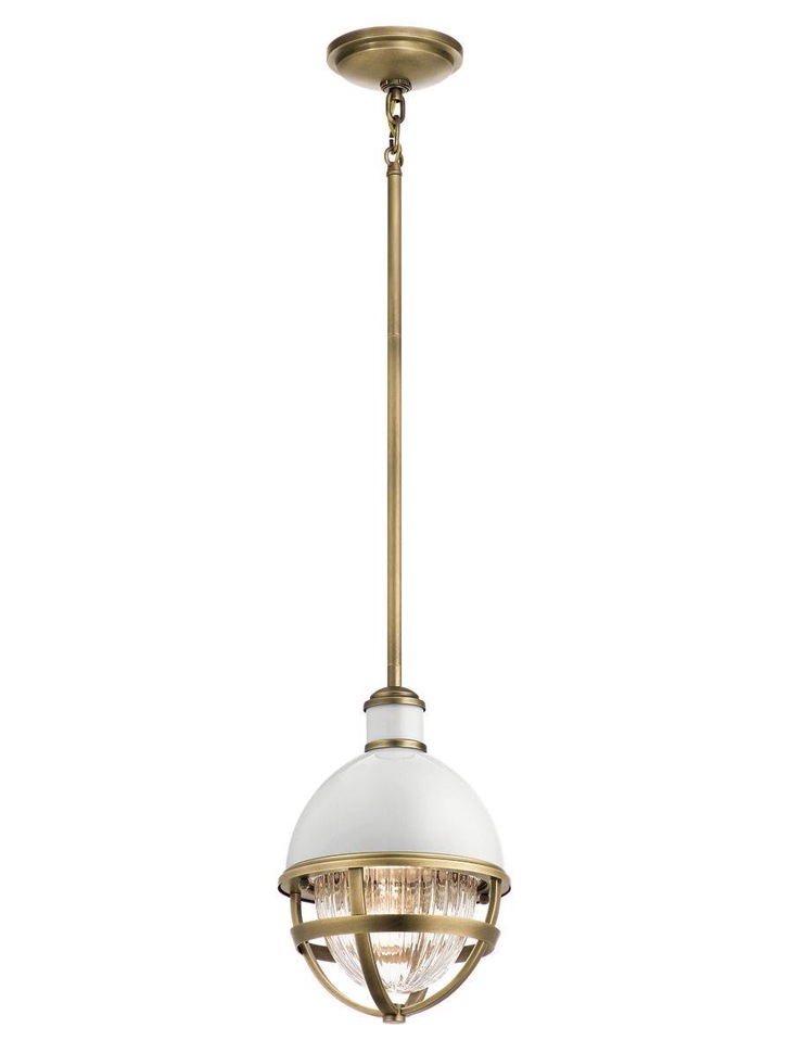 Quintiesse Tollis 1 Light Mini Pendant In Natural Brass And White Complete With Clear Ribbed Glass - QN-TOLLIS-MP-NBR