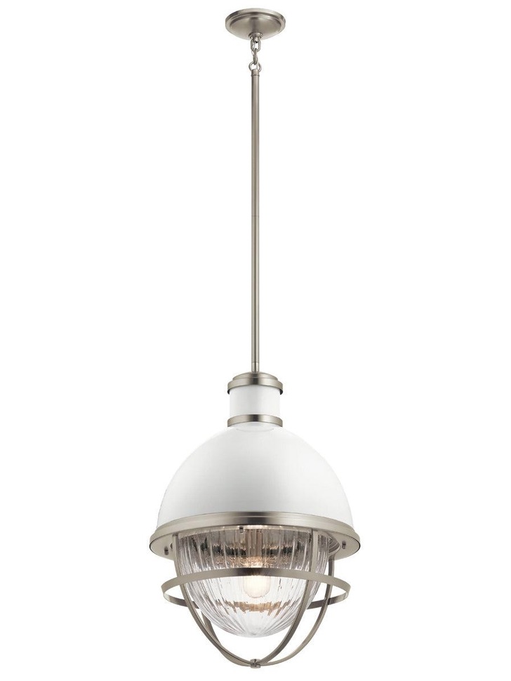 Quintiesse Tollis 1 Light Pendant In Brushed Nickel And White Complete With Clear Ribbed Glass - QN-TOLLIS-P-BN