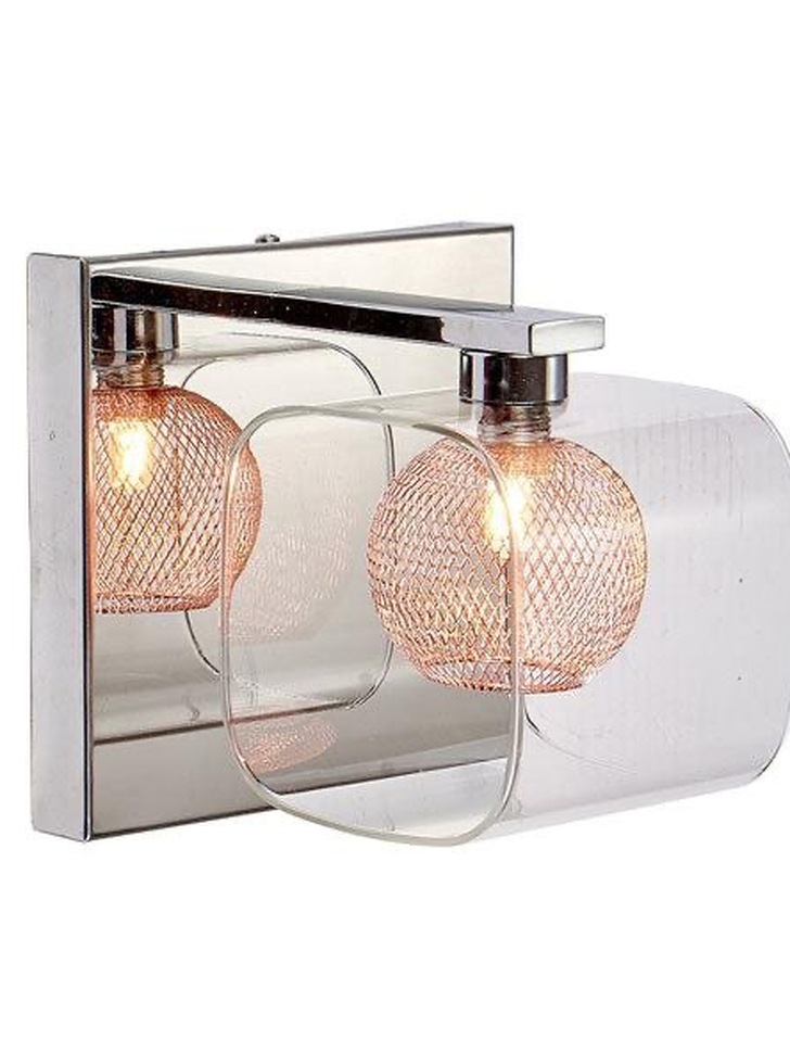 Stylish Lighting Orlando Polished Chrome Single Wall Light, Complete With Copper Mesh Inner And Clear Glass Shade