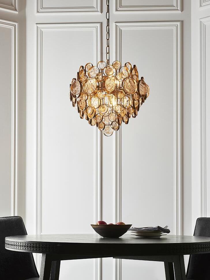 Thorlight Amos Antique Gold Finish 6 Light Pendant Complete With Clear & Amber Glass Medallions