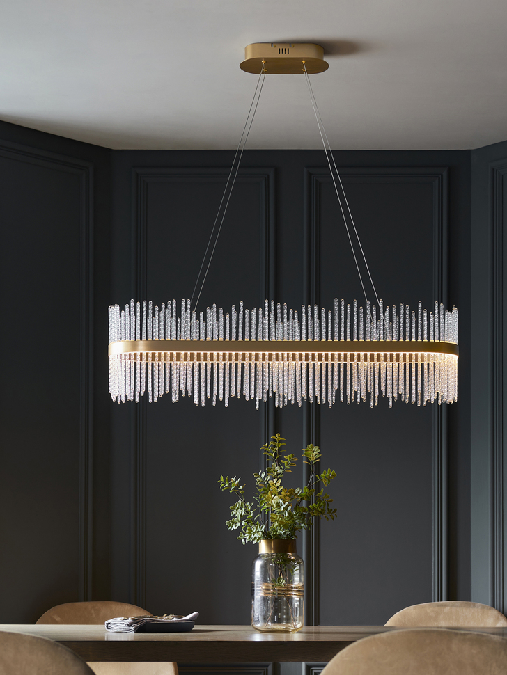 Thorlight Etta LED Linear Bar Pendant Brushed Gold With Clear Twisted Glass Rods