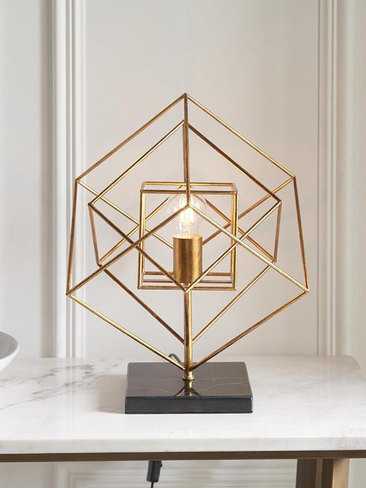 Thorlight Mercedes Medium Antique Gold Leaf Angular Framed Table Lamp Complete With Black Marble Base