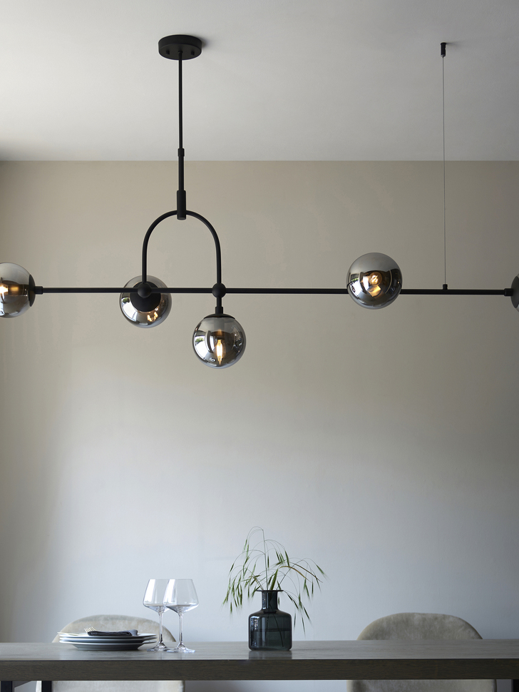 Thorlight Merlin 5 Light Linear Bar Pendant Black With Smoked Glass Globes