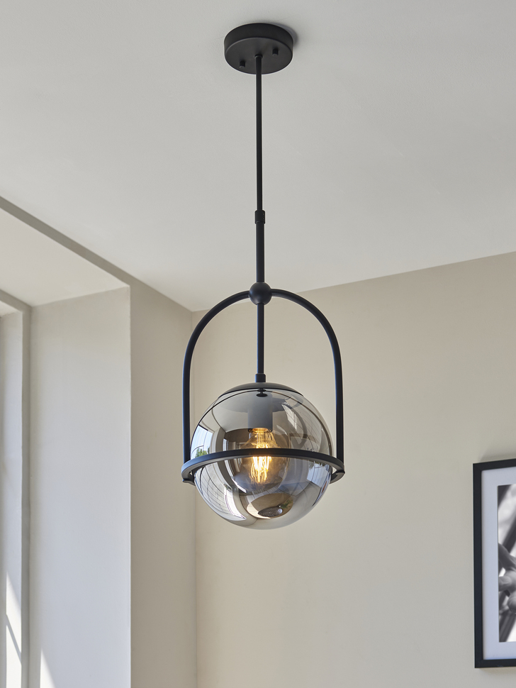 Thorlight Merlin Single Pendant Light Black With Smoked Glass Globe