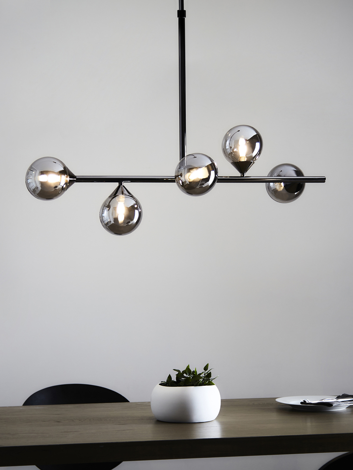 Thorlight Nollan 5 Light Linear Bar Pendant Antique Silver With Smoked Glass Globes