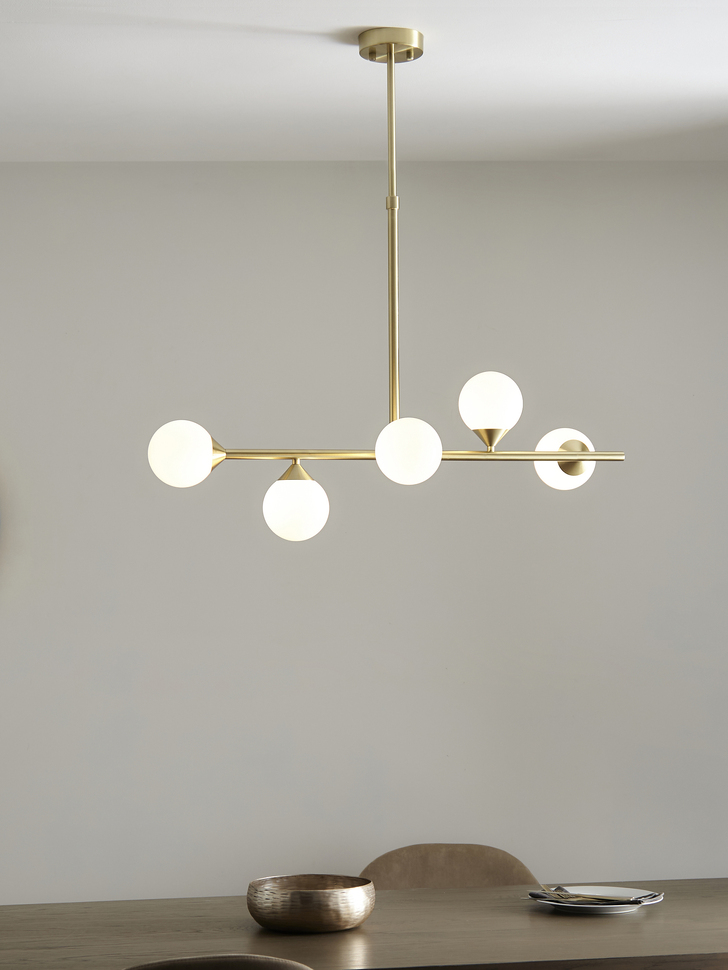 Thorlight Nollan 5 Light Linear Bar Pendant Satin Brushed Gold With Frosted Glass Globes