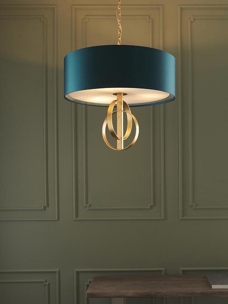 Thorlight Noor Antique Gold Leaf 3 Light Pendant Complete With Satin Teal Fabric Shade & Vintage White Diffuser