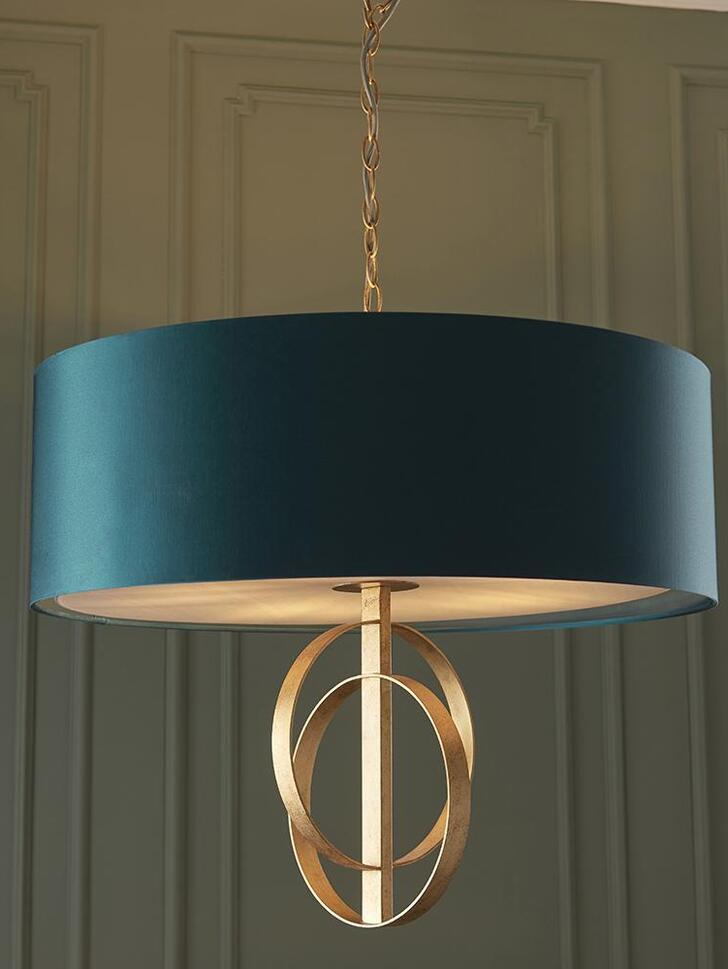 Thorlight Noor Antique Gold Leaf 5 Light Pendant Complete With Satin Teal Fabric Shade & Vintage White Diffuser