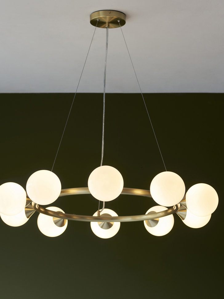 Thorlight Orson 10 Light Round Pendant Satin Brushed Gold With Frosted Glass Globes