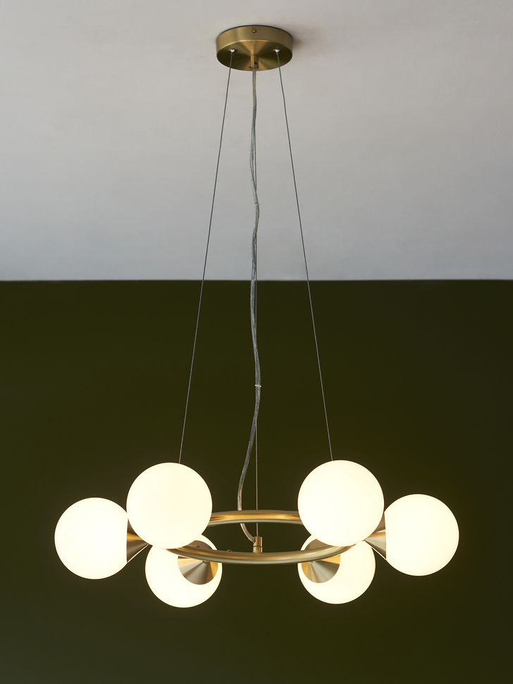 Thorlight Orson 6 Light Round Pendant Satin Brushed Gold With Frosted Glass Globes