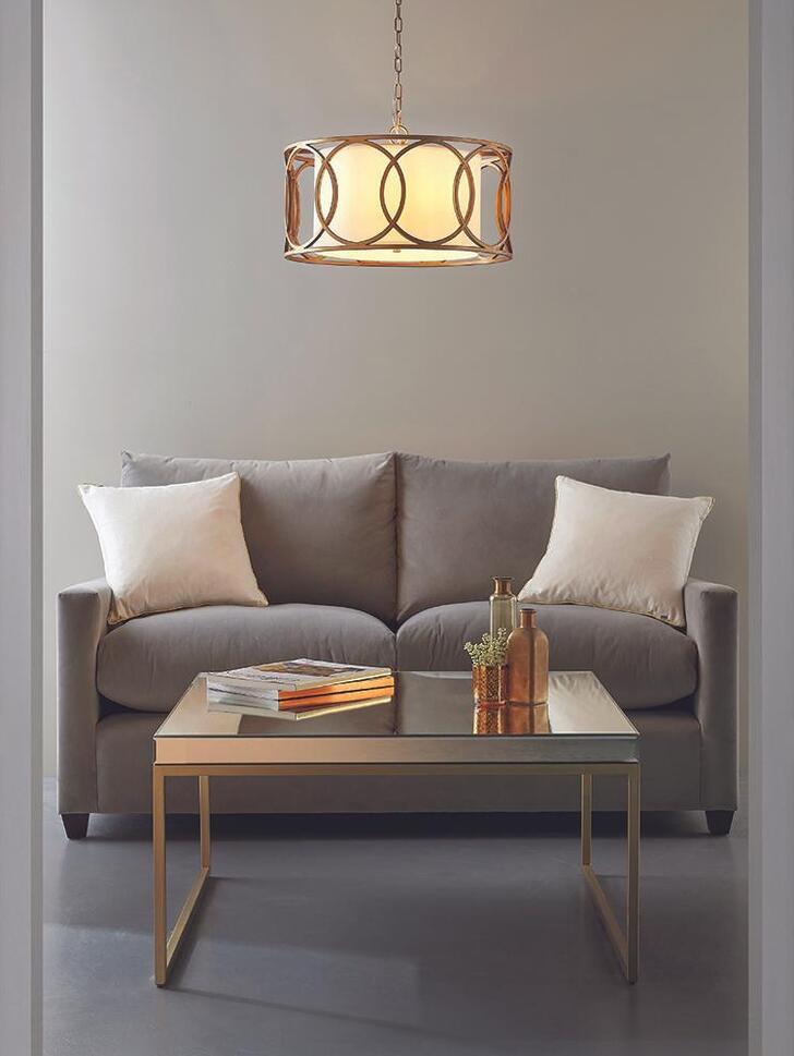 Thorlight Raquel Brushed Gold Finish 4 Light Shaped Pendant Complete With White Fabric Shade