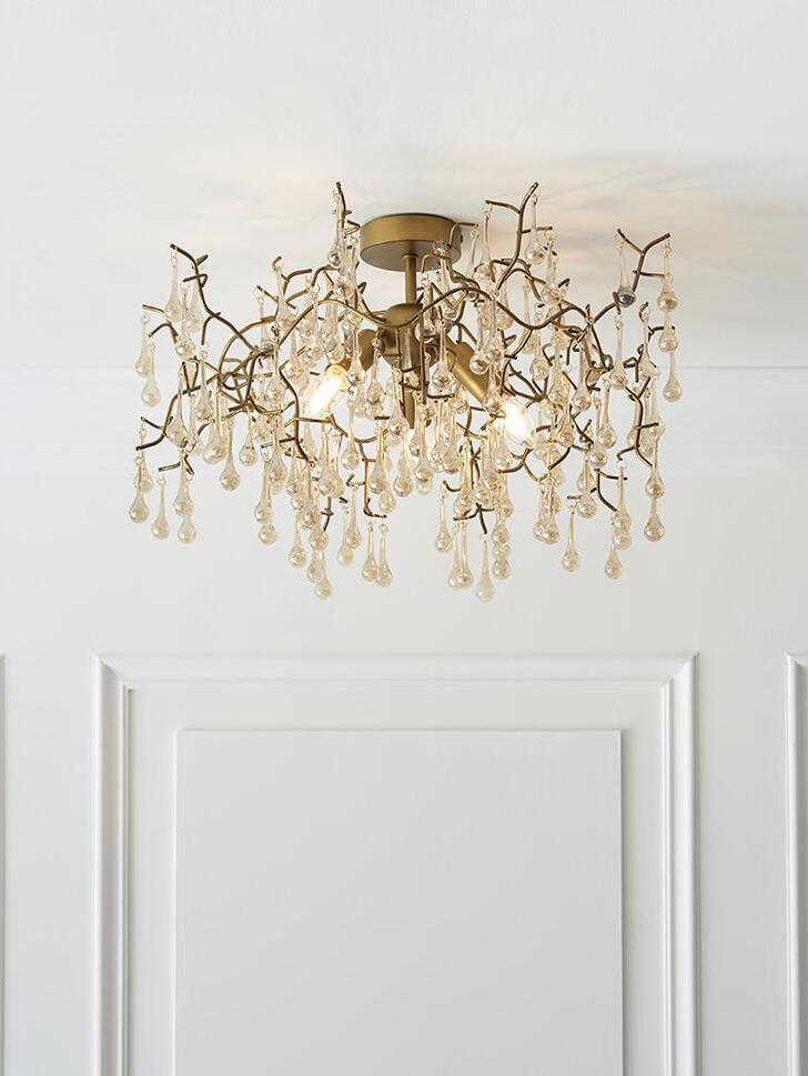 Thorlight Tova Aged Gold Finish 3 Light Semi Flush Ceiling Light Complete With Champagne Glass Teardrops