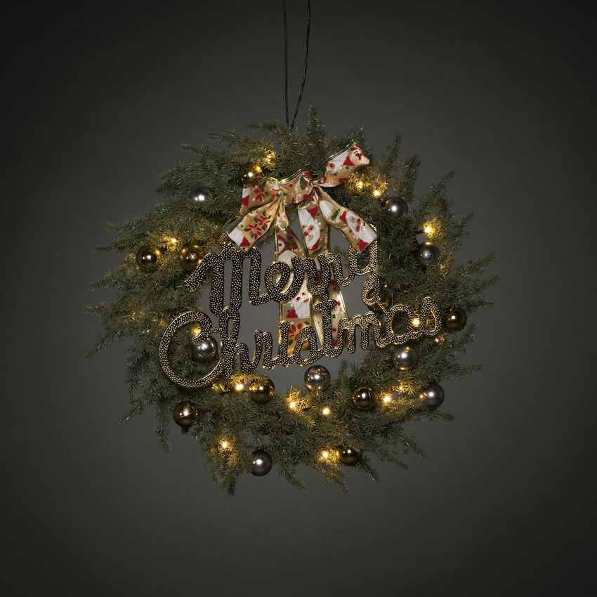 Photograph: 40cm Christmas Door Wreath With Merry Christmas Sign And Bow - Battery Operated