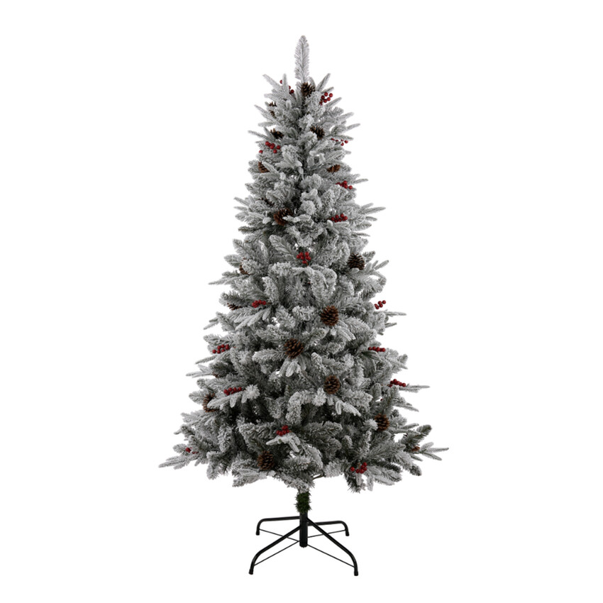 Photograph: 6FT LIT FROSTED TREE WITH RED BERRIES AND CONES - Mains Powered - W/W Led
