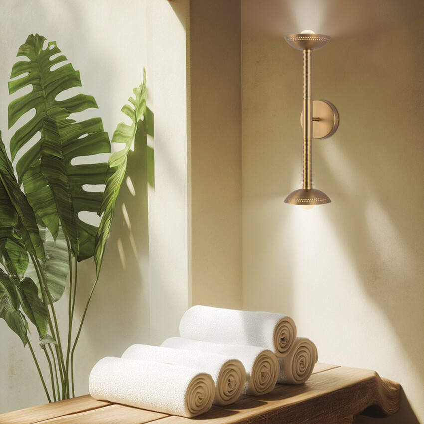 Photograph: Alora Mood Alm Brushed Gold 2 Light Dimmable Led Wall Light - 3000K