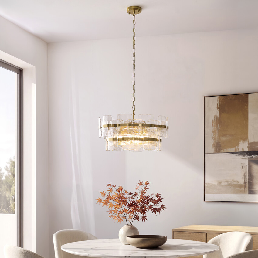 Photograph: Ancara Brushed Aged Brass Finish 6 Light Pendant Light Complete With Clear Textured Glass