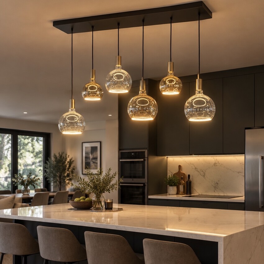 Photograph: Angel Black And Satin Nickel 6 Light Island Bar Pendant Complete With Angel LED Globes - 3 Large Clear, 1 Large Smoked, 2 Medium Smoked