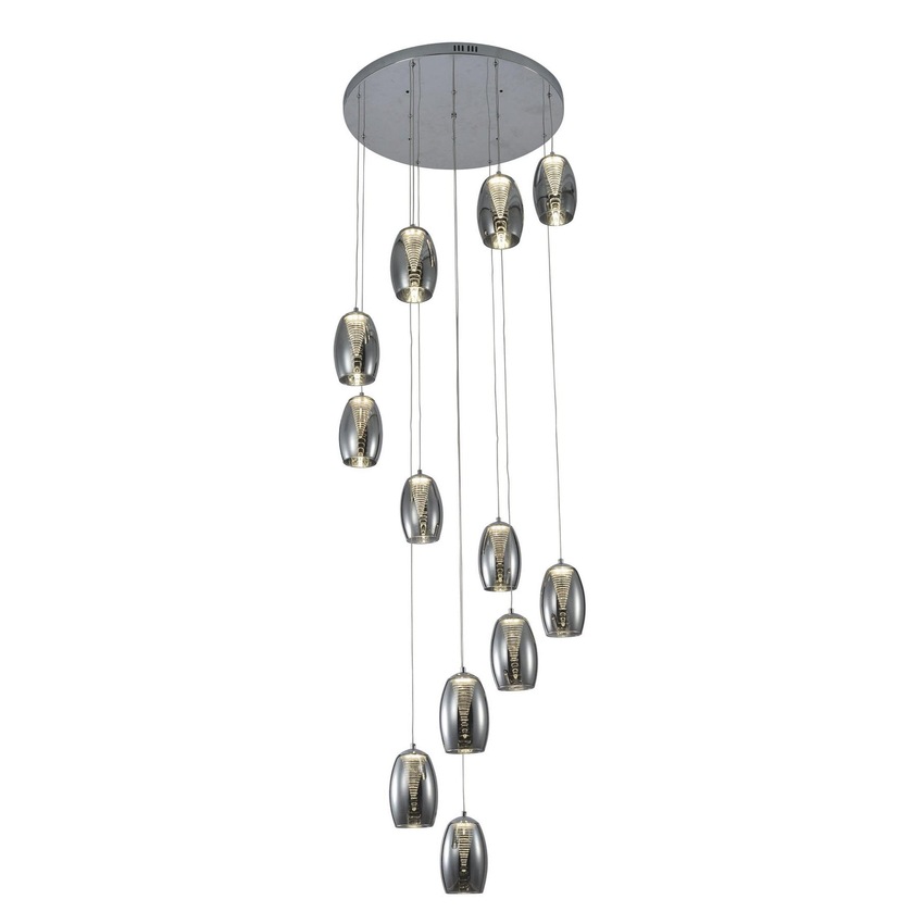 Photograph: Aria Polished Chrome 12 Light Cluster Stairway Pendant With Smoked Glasses - 4000K