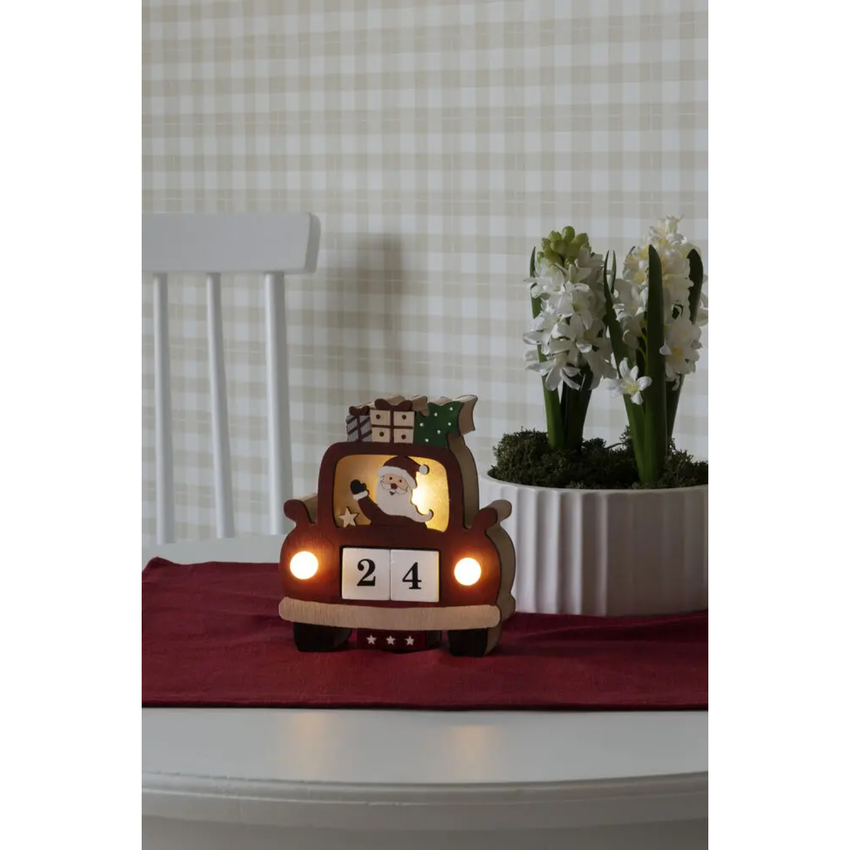 Photograph: B/O Wooden Car&Santa, red. 3 Warm White Led, Timer 6H 2xAAA