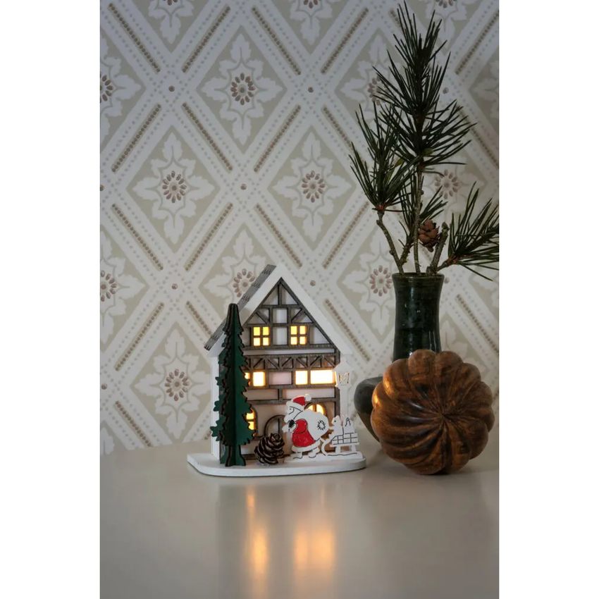 Photograph: B/O Wooden House, white. 1 Warm White Led, Timer 6H 2xAAA