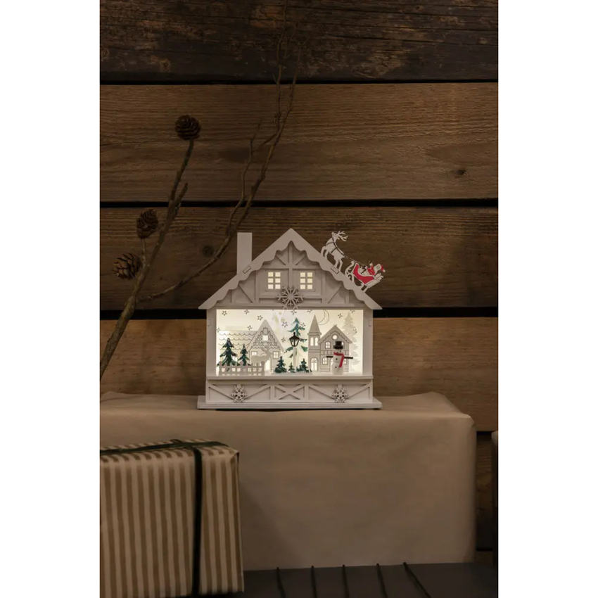 Photograph: B/O Wooden House, white. 4 Warm White Led, Timer 6H 2xAAA